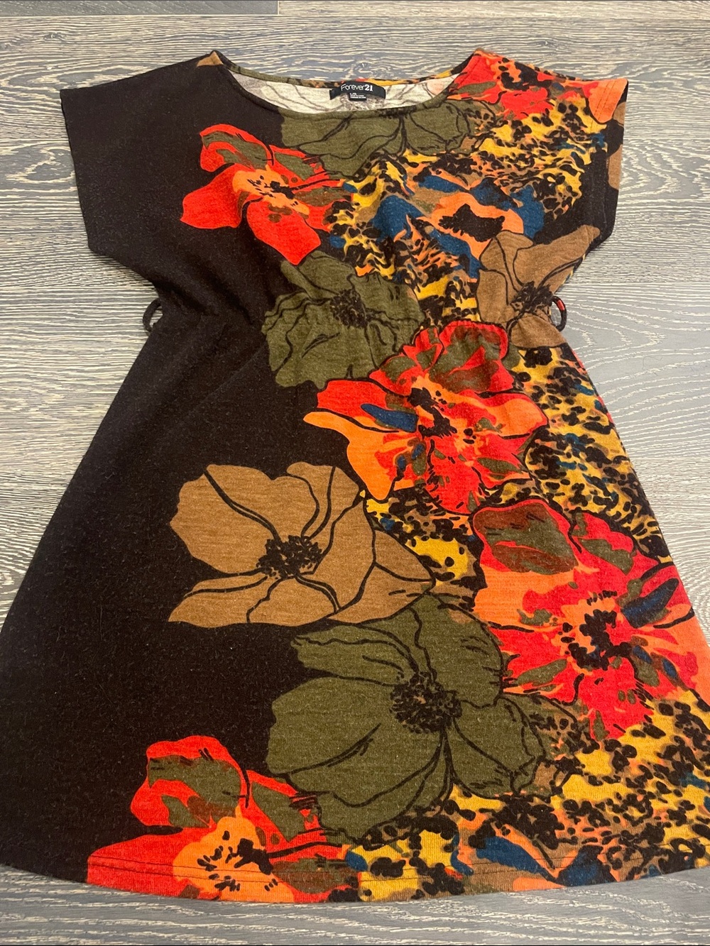Forever 21 Black Mini Dress with Bold Floral & Leopard Accents